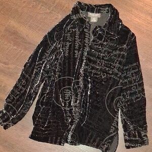 Vintage 18% Silk Black Velvet Burnout Script Print Button Up Top